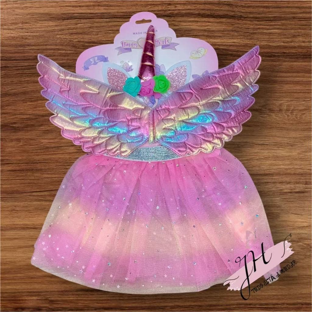 Fantasia de unicórnio, conjunto de saia colorida, asas e tiara, perfeita para todas as festas de fim de ano