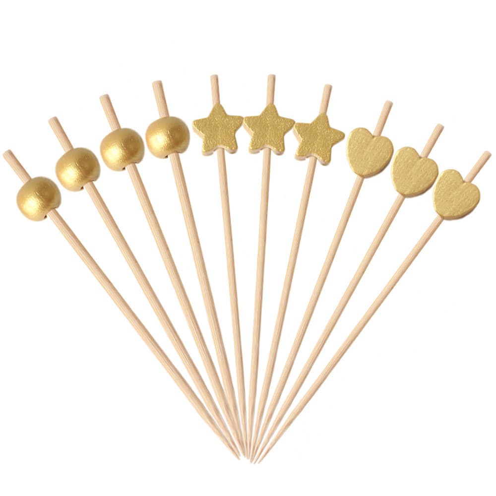 100 Peças , Palitos Descartáveis De Coquetel Com Estrelas Douradas , Espetos De Bambu Feitos À Mão Para Bebidas , Frutas
