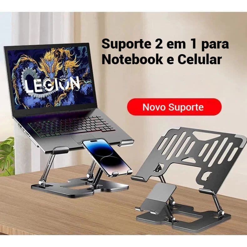 Suporte 2 em 1 para Notebook e Celular，Dobrável com design que favorece o resfriamento, Aço Carbono WE HOPE