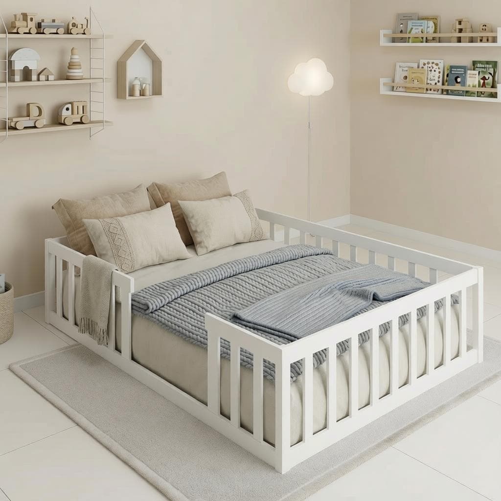 Cama Montessoriana Casal em Madeira Maciça Branco Repleta