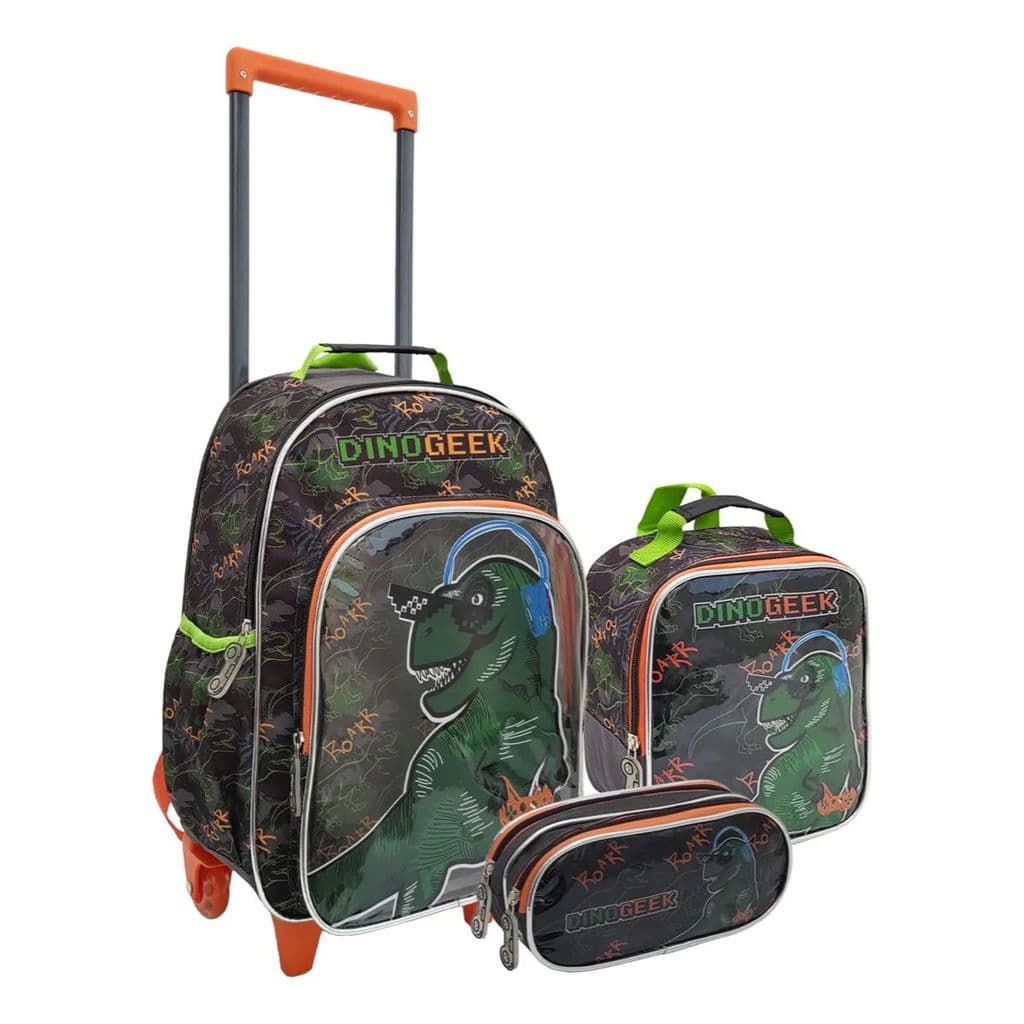 Kit Mochila Rodinhas Lancheira Estojo Duplo Dinossauro Escolar Infantil Denlex