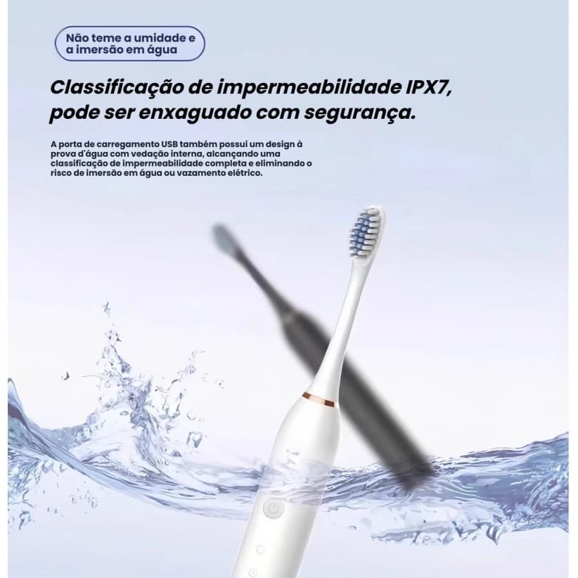 Conjunto Escova De Dentes Elétrica Recarregável USB Longa Bateria Sônica Proteção Bucal Cabeça Substituível