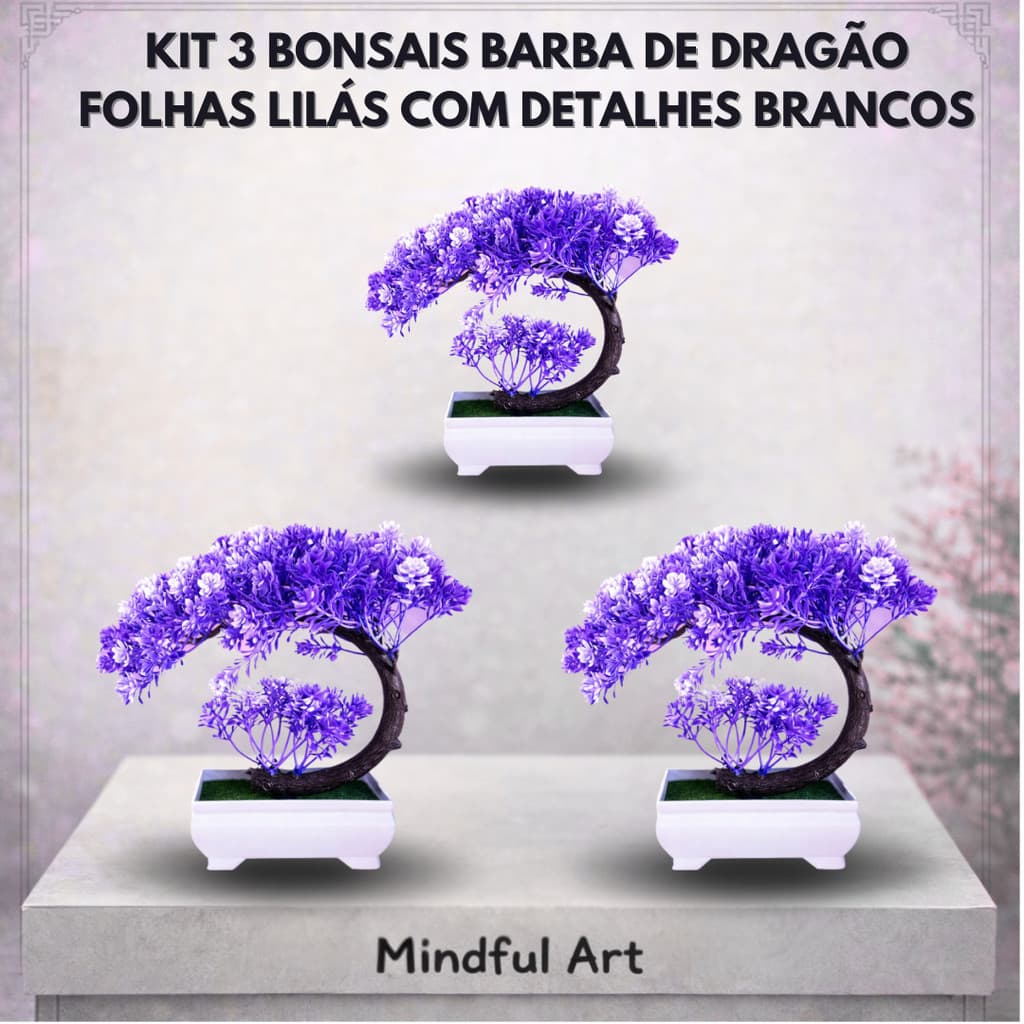Kit 3 Bonsai Artificial Lilás Barba de Dragão Vaso Branco Decorativo Natureza Sem Cuidados
