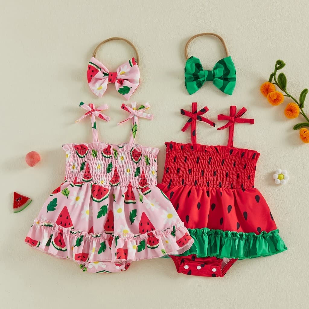 Bebê Menina Melancia Roupa Gravata Ombro Smocked Macacão Vestido E Arco Bandana 2 Peças Conjunto De Verão