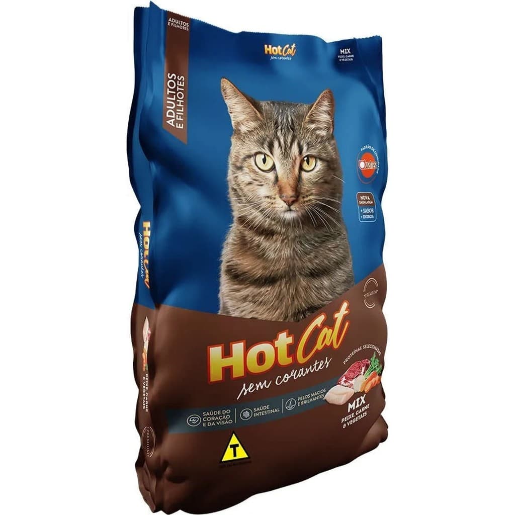 Racao Hot Cat Mix 10kg Gatos Adultos e Filhotes Sem Corantes Peixe Carne e Vegetais