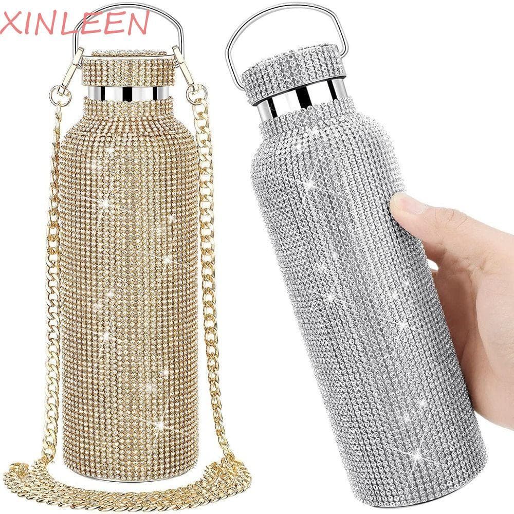 Garrafa De Água De Strass XINLEEN , Copo Térmico Com Glitter De Corrente , Garrafas Térmicas Brilhantes Recarregáveis De