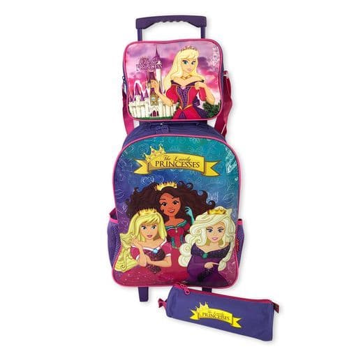 Kit Escolar Infantil Mochila Tres Pecas Princesas Roxa Resistente Leve Estudo Passeio