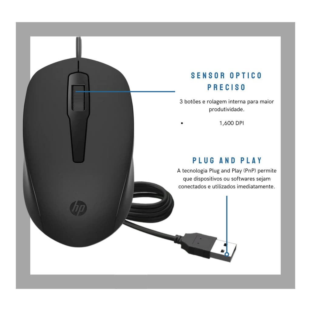 MOUSE HP 150, USB, 1600 DPI, 3 BOTÕES, PRETO