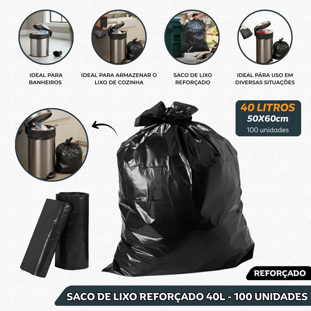 Saco de Lixo 40 Litros Preto Reforçado com 100 Unidades Resistente para Uso Doméstico Comercial