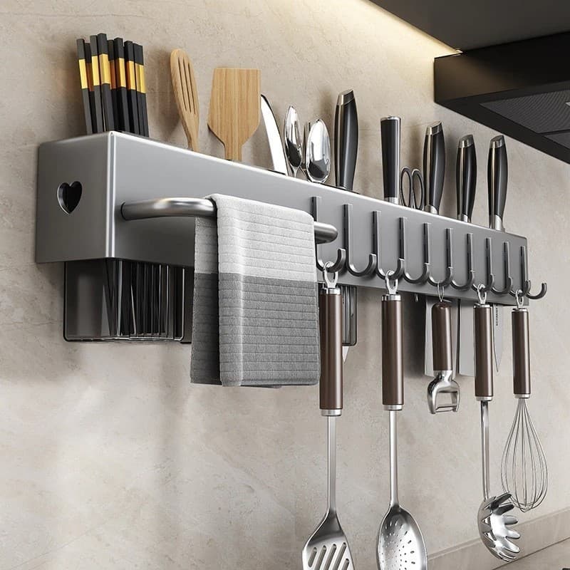 Suporte Utensílios Cozinha Aço Inox Ganchos Parede Porta Talheres Colher Espátula Organizador