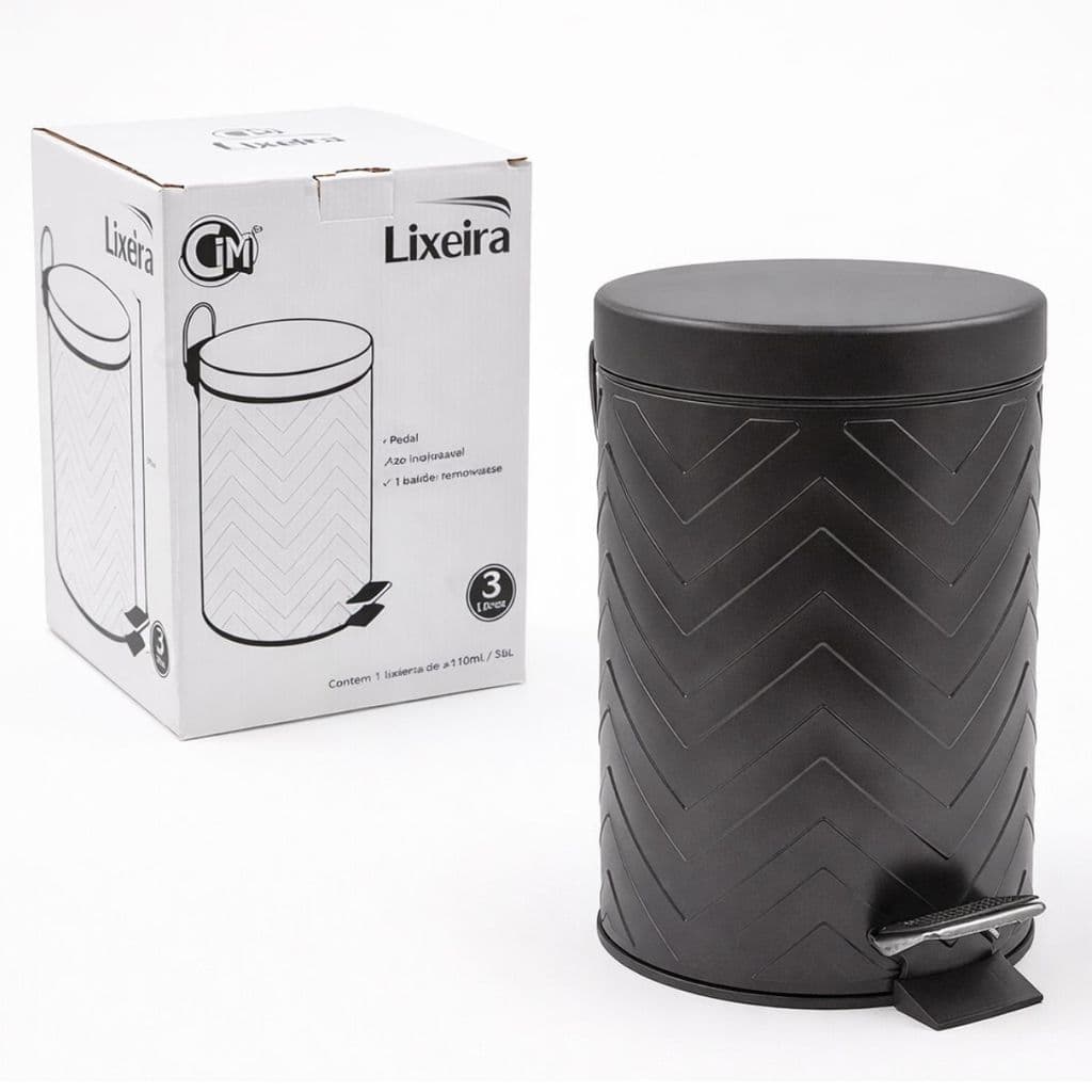 Lixeira Aço Inox Preta Com Pedal E Cesto Interno 3 Litros