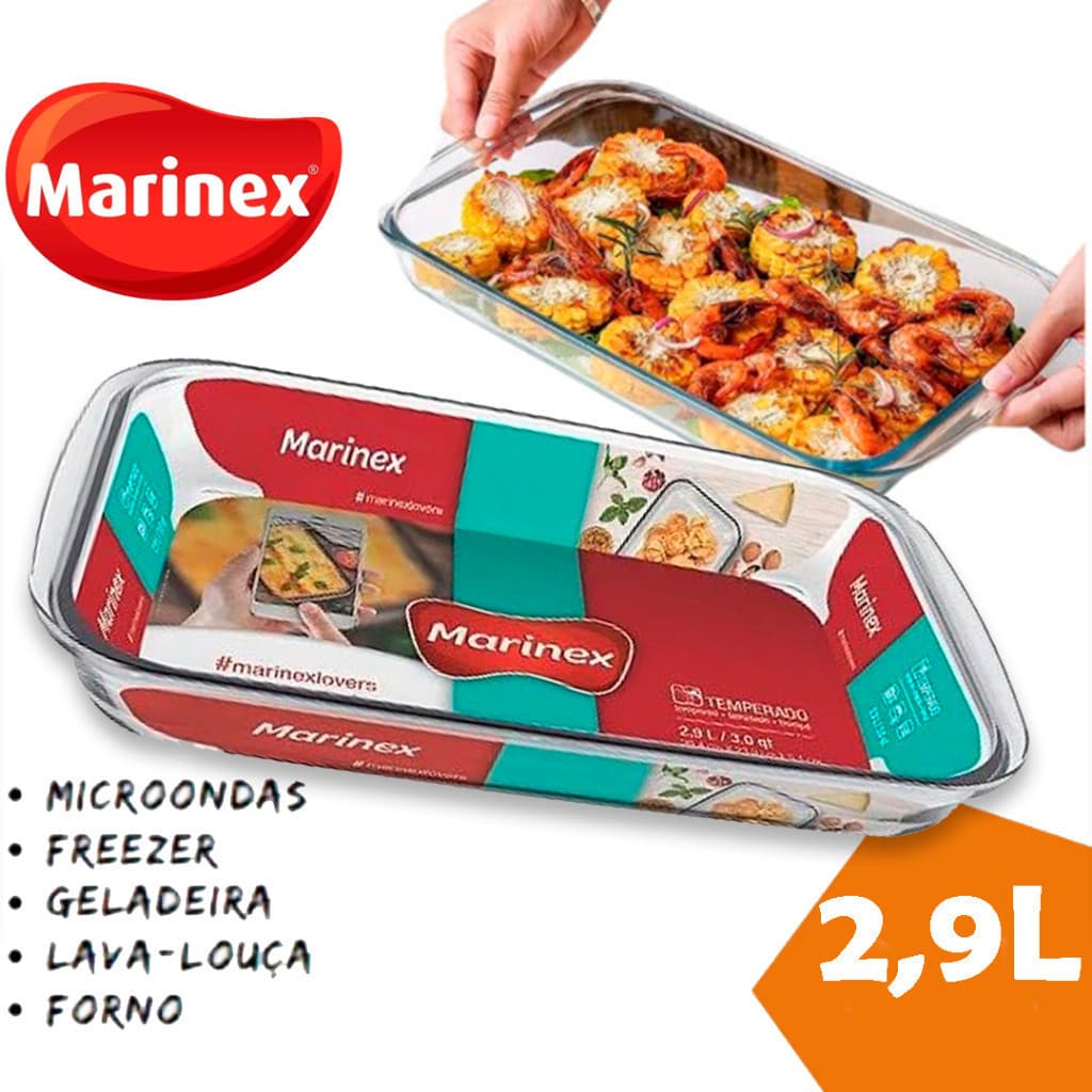 Assadeira Retangular Marinex 2,9L Grande – Refratário de Vidro Resistente