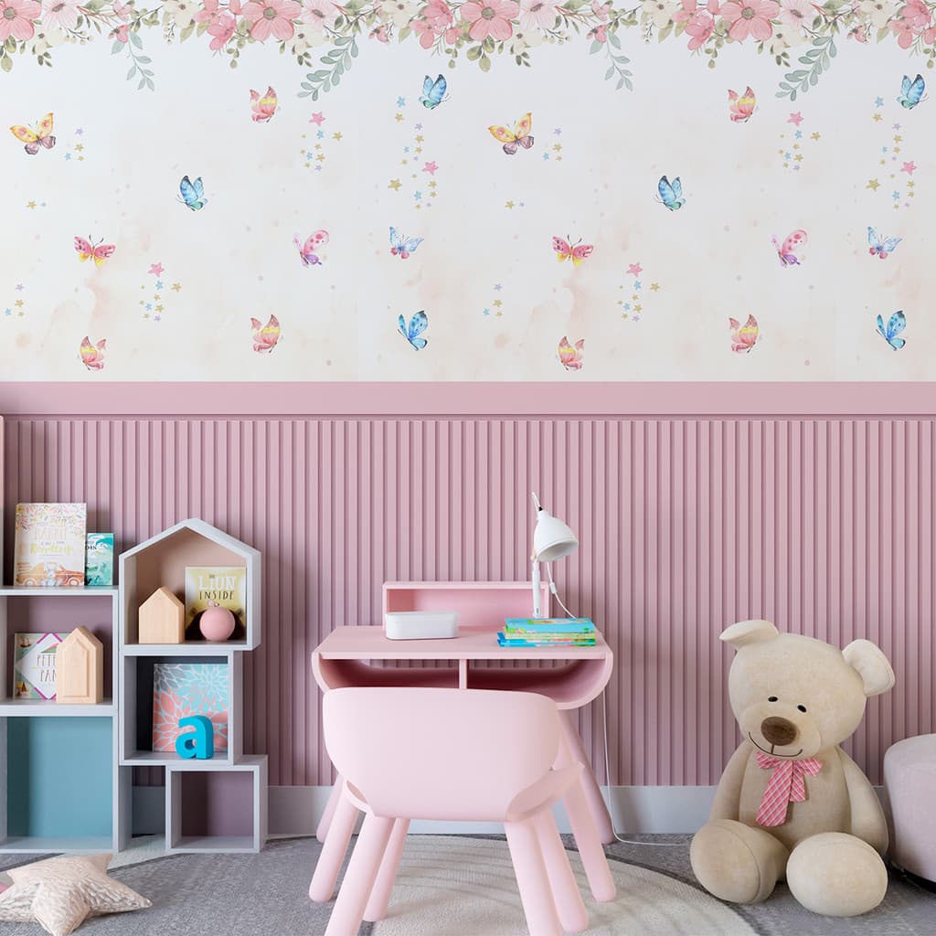 Papel De Parede Adesivo Ripado Floral Jardim Dos Sonhos Com Borboletas