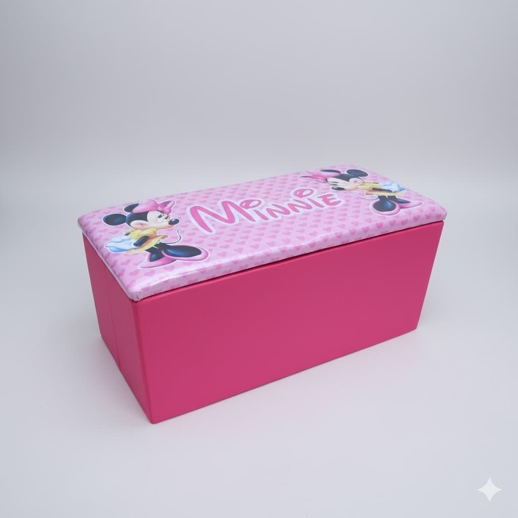 Baú Infantil Minnie Rosa Decorado Puff Organizador 90cm Reforçado Guarda Brinquedos Pronta Entrega