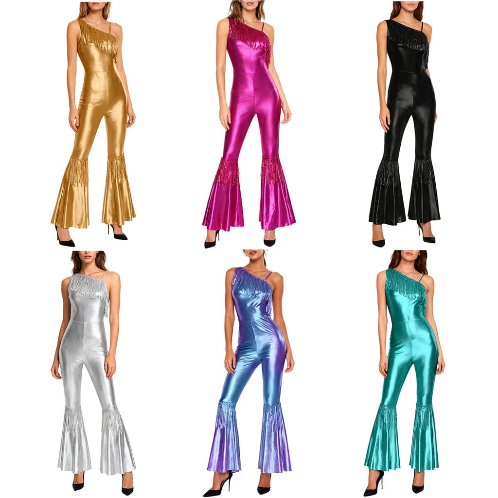 inhzoy Macacão Feminino Vintage De Dança Discoteca Dos Anos 70 80 Com Lantejoulas E Borla , Um Ombro , Sem Mangas , Fund