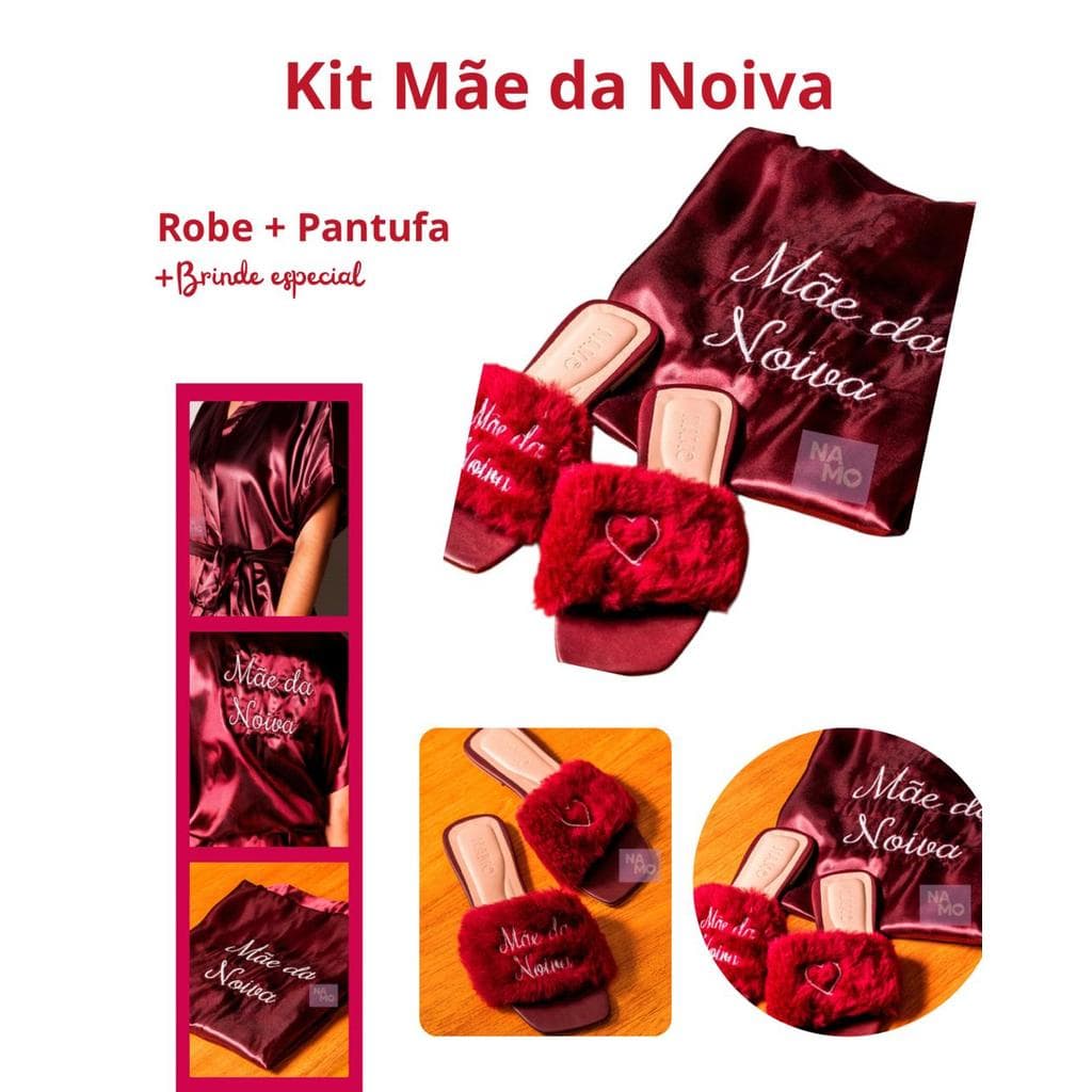 Kit Sofisticação Mãe da Noiva Robe Cetim Vinho com Pantufa Pelúcia Bordado Branco
