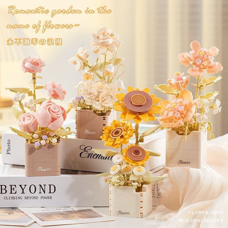 Rosa bloco de construção buquê vaso planta versão adulto quebra-cabeça montagem sala estar decoração masculino feminino