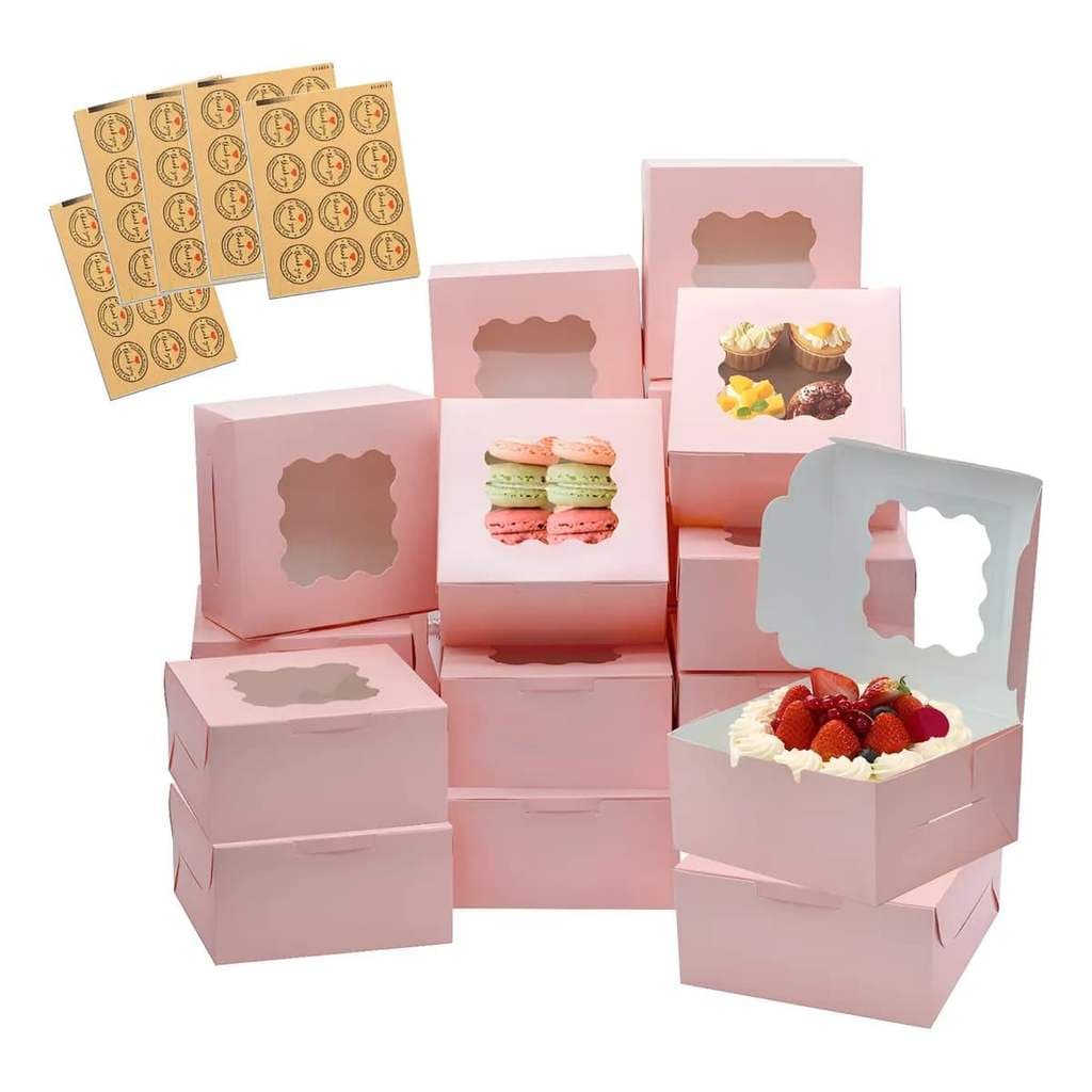 Caixa de embalagem de cozimento influenciador rosa/branco/marrom 60 unidades, 10 x 10 x 6.3 cm + 5 peças com adesivos de
