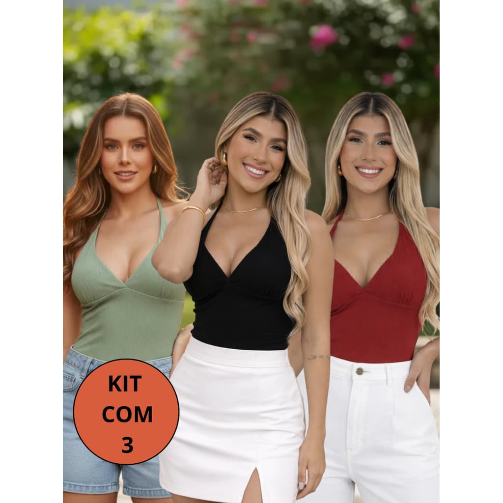 Kit 3, 5 ou 7 Camiseta Canelada Gola V Blusinha Feminina Lisa Básica Com Bojo Amarração nas Costas