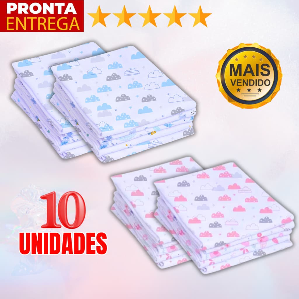 Kit 10 Unidades Fralda De Pano Estampada 65 x 65 Enxoval Infantil Bebê Menino Menina.
