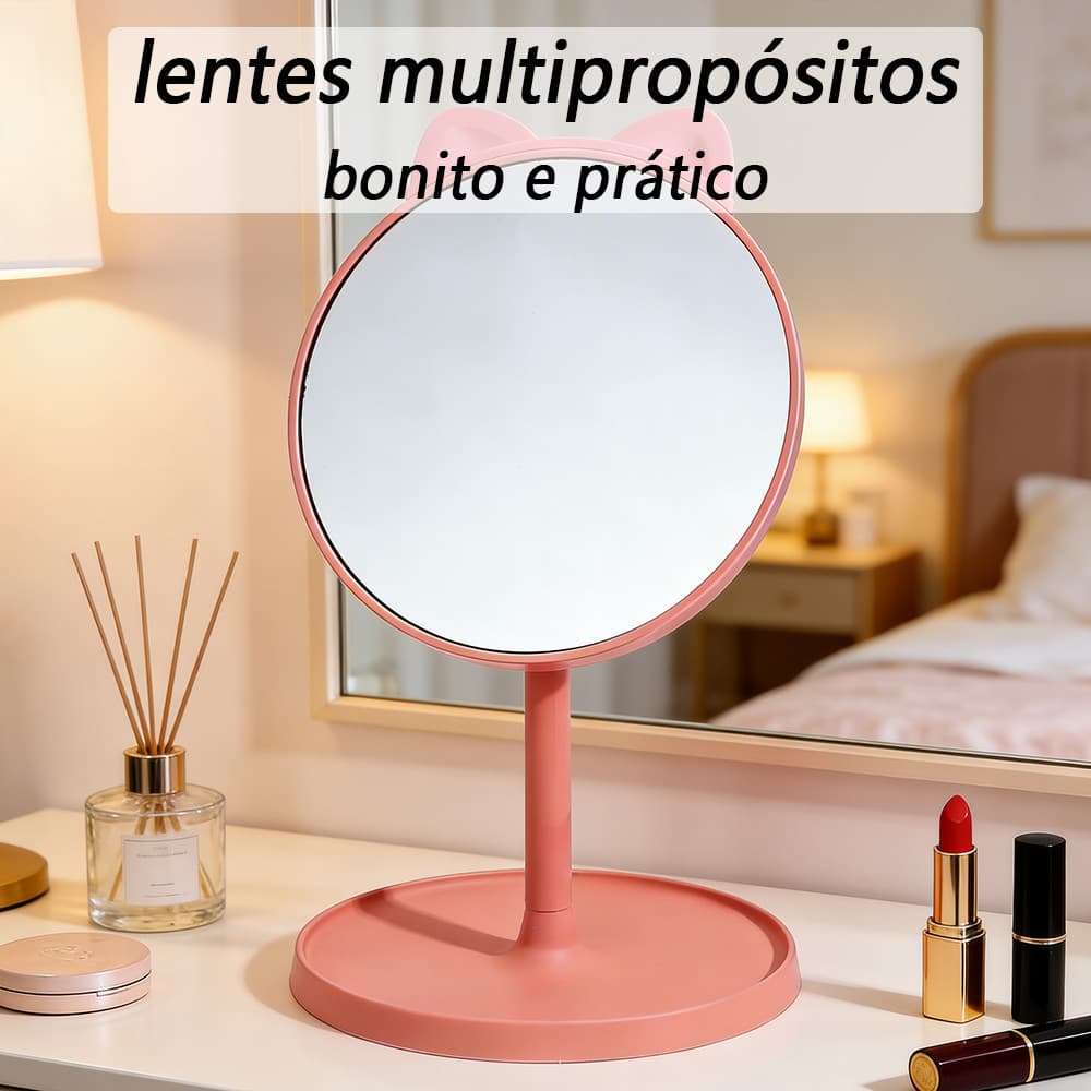 Espelho Mesa Penteadeira Gatinha Redondo com Rotação 360º Bandeja Multifuncional e Pente Oculto Fofo para Maquiagem
