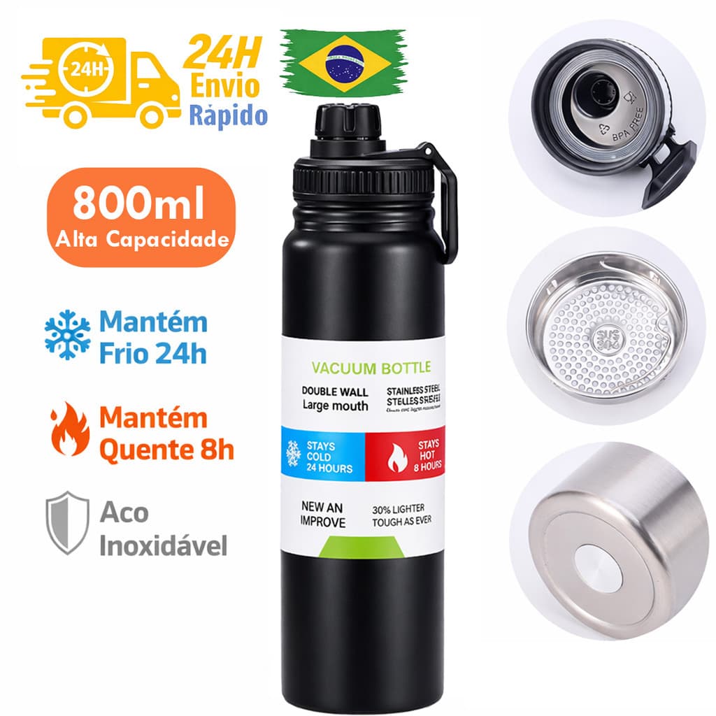 [PRONTA ENTREGA] Garrafa Térmica Inox 800ml Com Alça - Squeeze Academia - Frio 24h Quente 12h