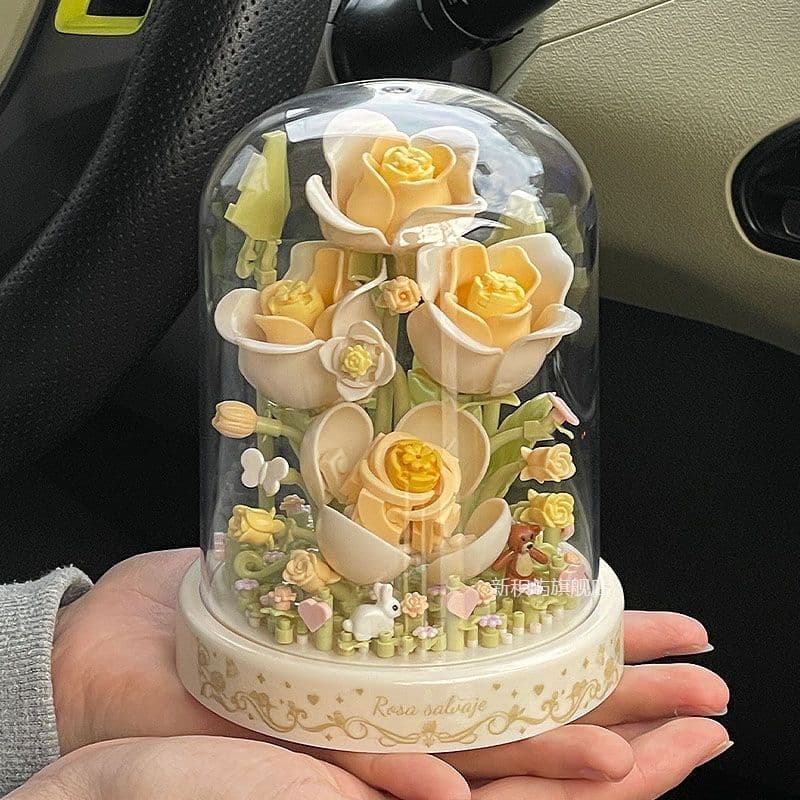 Bloco de construção montagem simulação rosa flor pequena partícula vaso planta 3d tridimensional Puzz