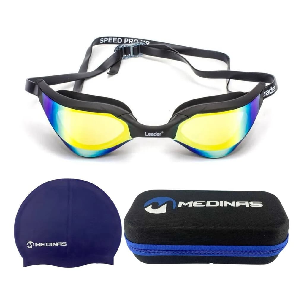 Óculos Natação Espelhado Speed Pro + Case Medinas + Touca M Azul