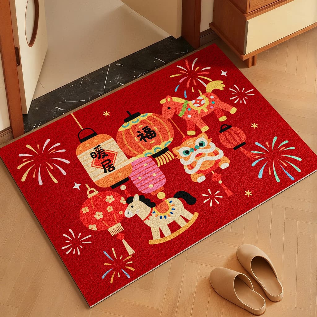 Tapete de porta de entrada festivo vermelho anel de seda dos desenhos animados pvc porta de entrada pé tapete doméstico