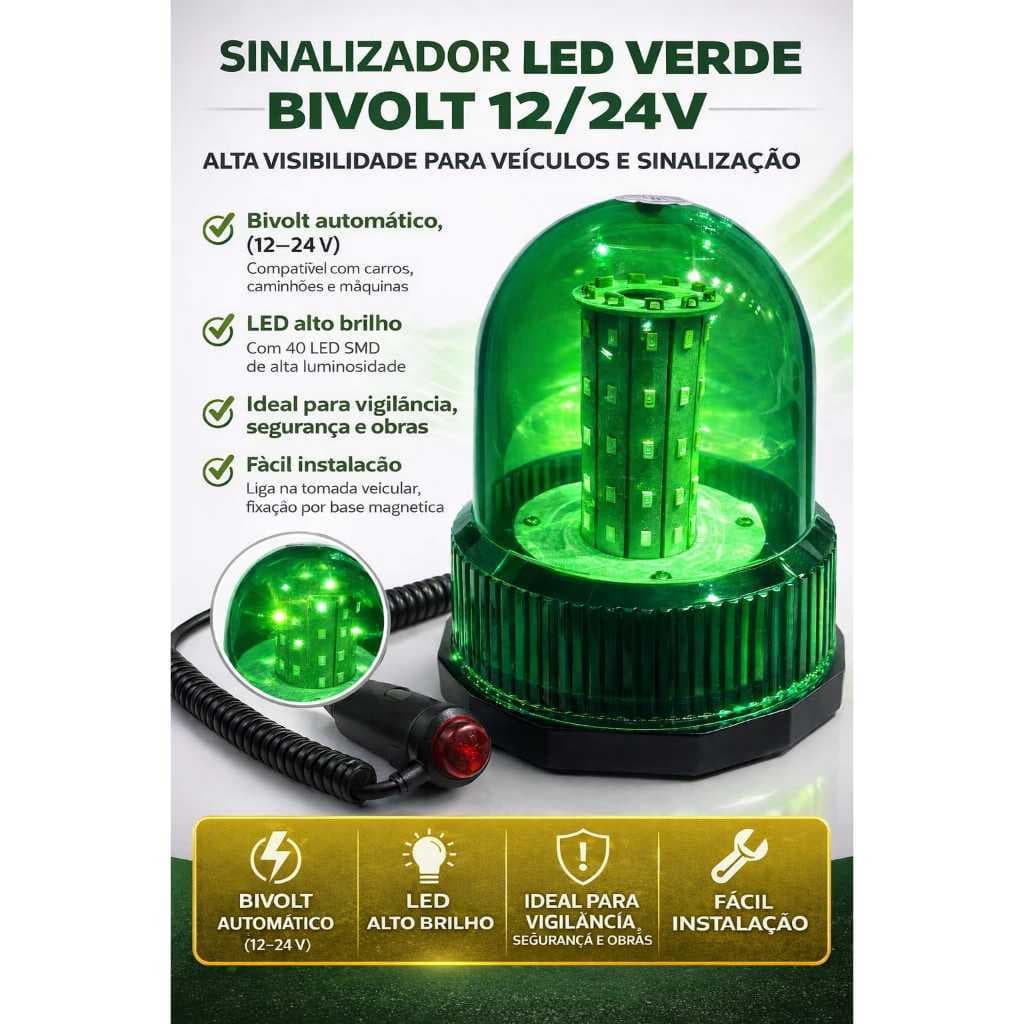 Giroled Giroflex Verde 12/24V TRL408312 TOP RELAY com IMÃ – Sinalizador Visual 40 LEDs Alto Brilho - Uso Profissional