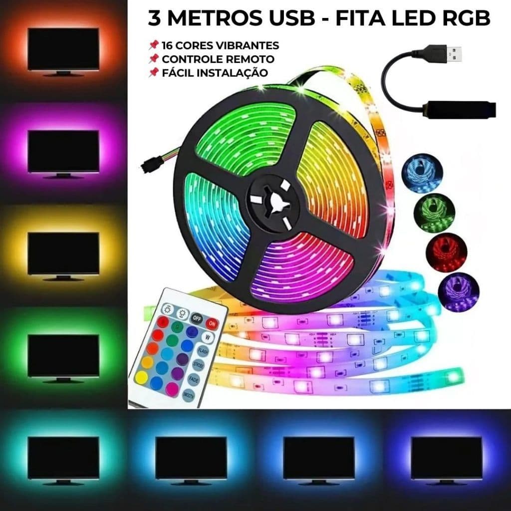Fita LED RGB para TV 3 Metros Adesiva USB com Controle Remoto 16 Cores e Efeitos