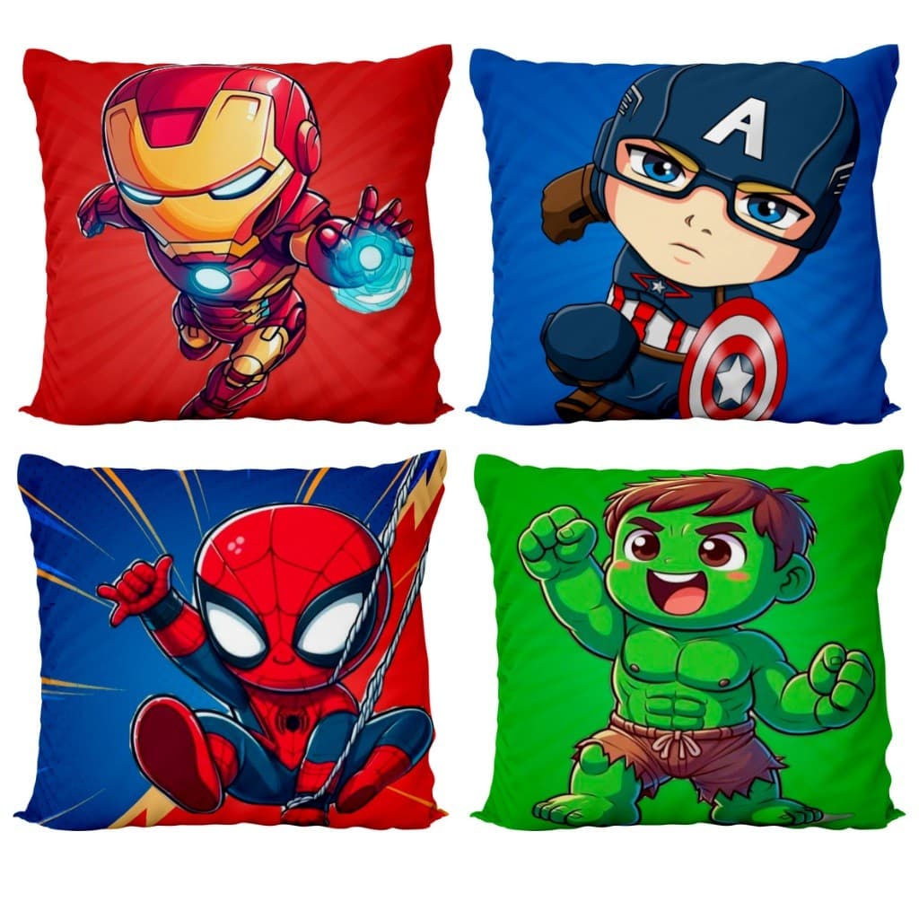 Kit  4 Capas de Almofadas Infantil Para Quarto Sala Heróis C/ Zíper 45x45