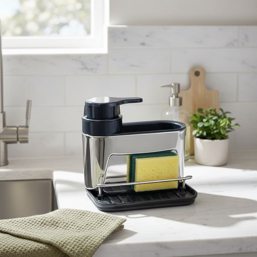 Dispenser de Detergente com Suporte para Esponja Aço Inox Cozinha e Lavanderia