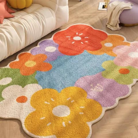 Tapete de chão com borda ondulada e flor de arco-íris, imitação de caxemira, sofá, mesa de café, engrossado, pequeno, fr