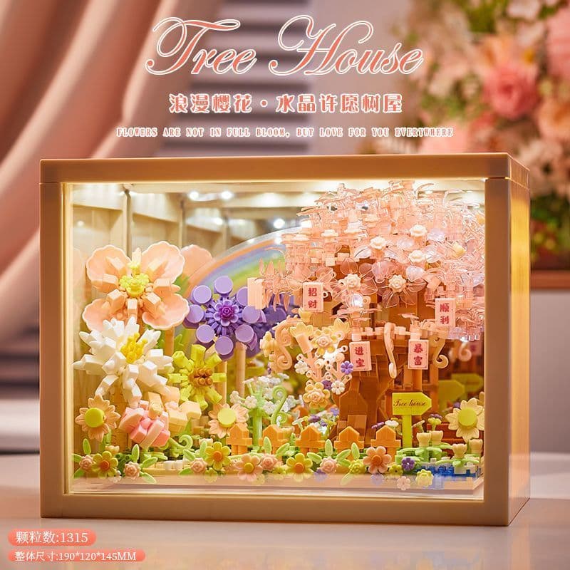 Blocos de construção montagem de árvore de flor de cerejeira 3d quebra-cabeça moldura de foto presente de aniversário de