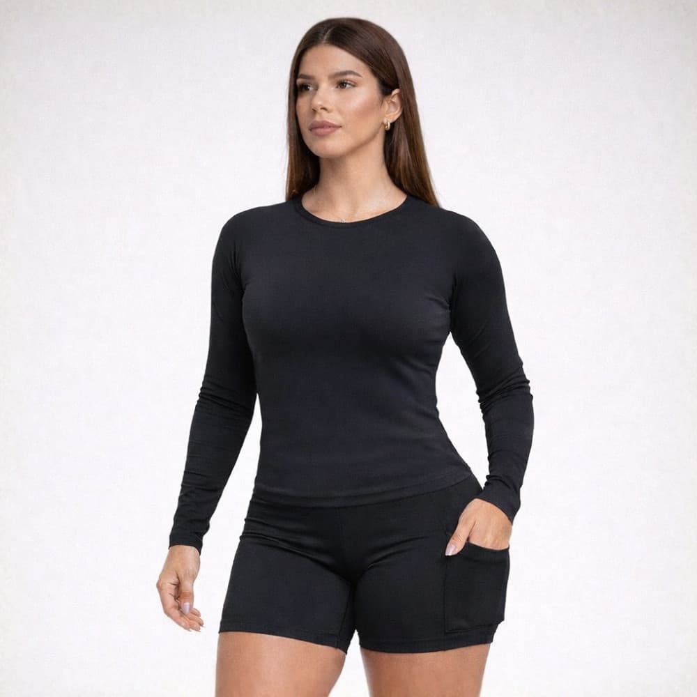 Conjunto Fitness Feminino Suplex Academia  Manga Longa + Short  Zero Transparência Treino