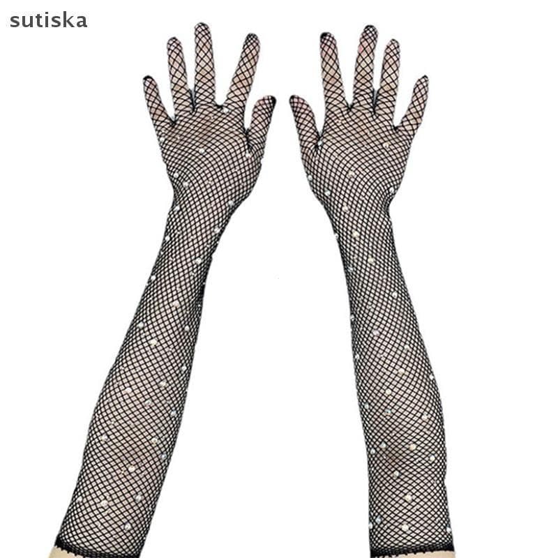 sutiska Preto Branco Vermelho Luvas De Malha Longa Com Strass Oco Rede De Pesca Femininas Dedo Fantasia Cosplay Arrastão