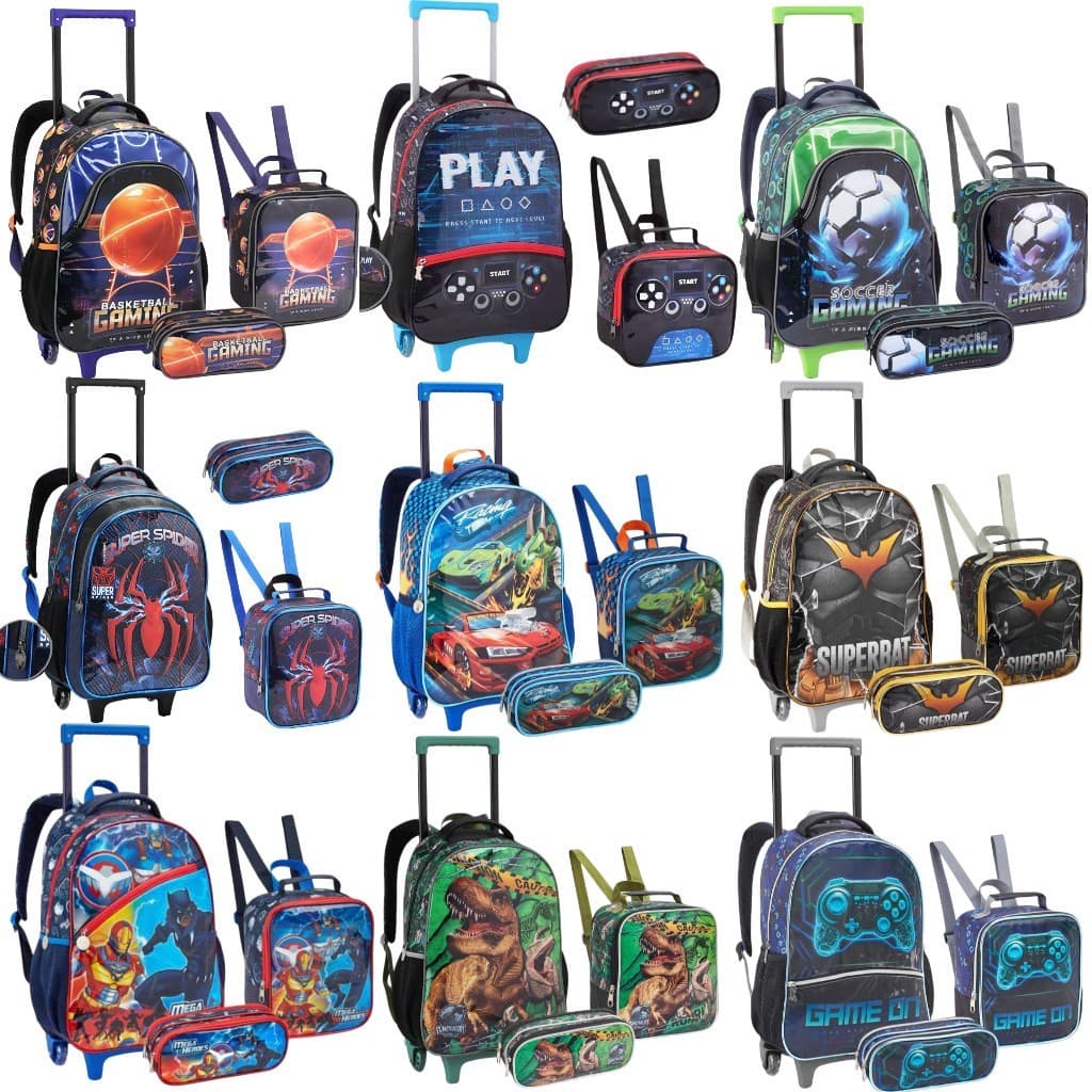 Kit Mochila Infantil Masculino com Carrinho + Lancheira + Estojo