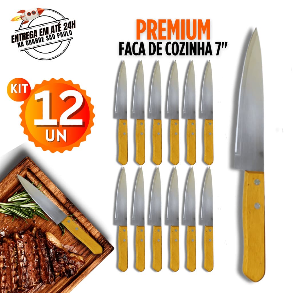 Kit 12/6/5/4/3 Facas de Cozinha 7" Aço Inox com Cabo de Madeira Churrasco Corte Preciso