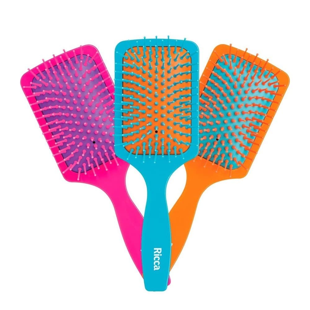 Escova Raquete de Cabelo Colorida Plástico Base Almofadada Color Block Racket Ricca