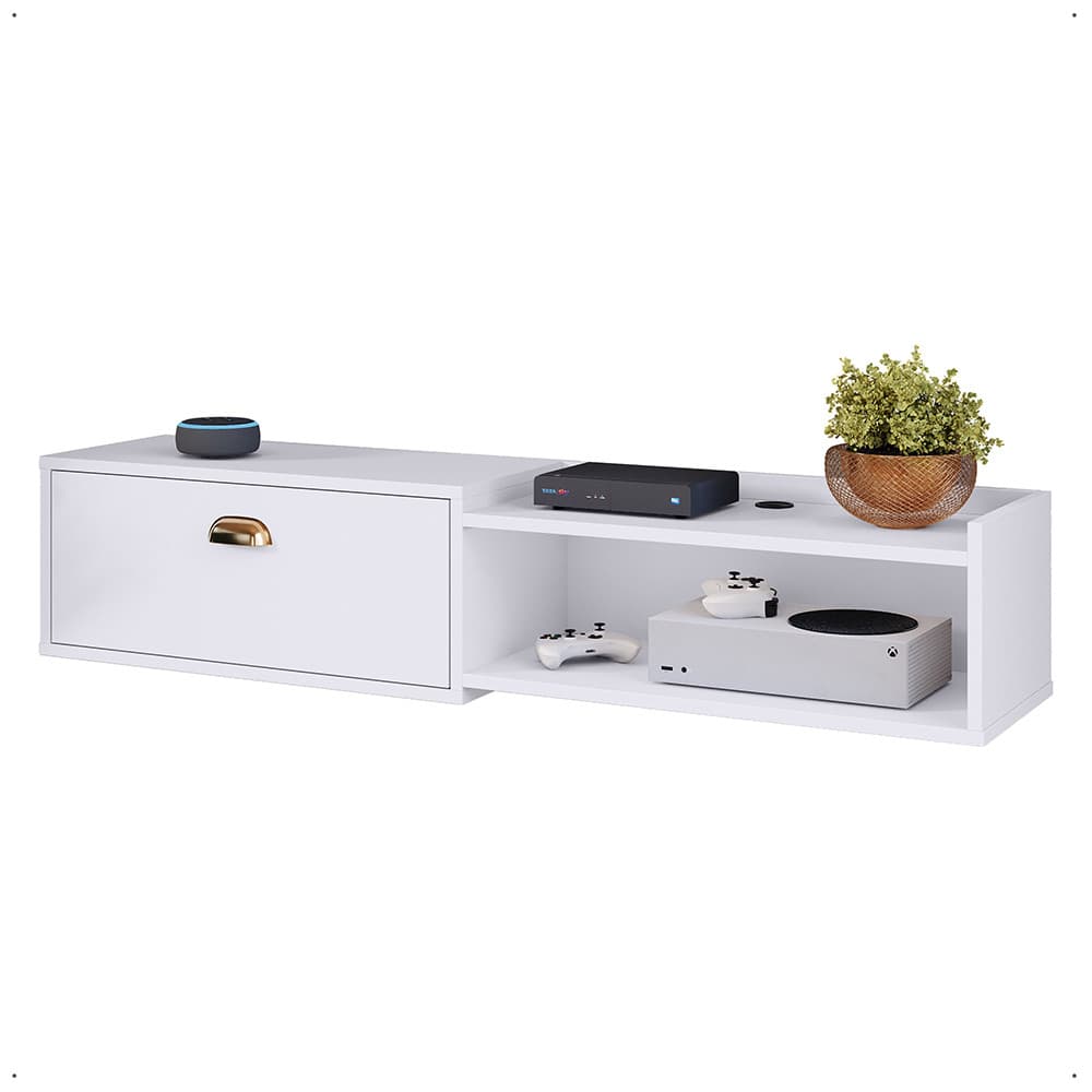 Rack Suspenso México Estante Tv 43" Bancada Home 1 Porta Puxador Concha Nicho Decoração Sala Quarto