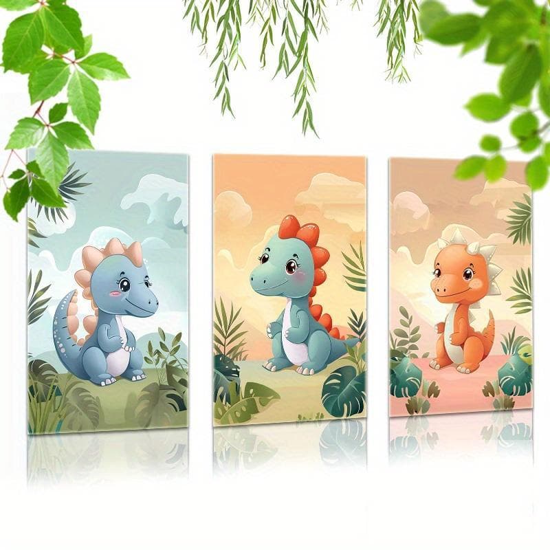 Quadro Decorativo 3 Peças Dinossauro Infantil Selva
