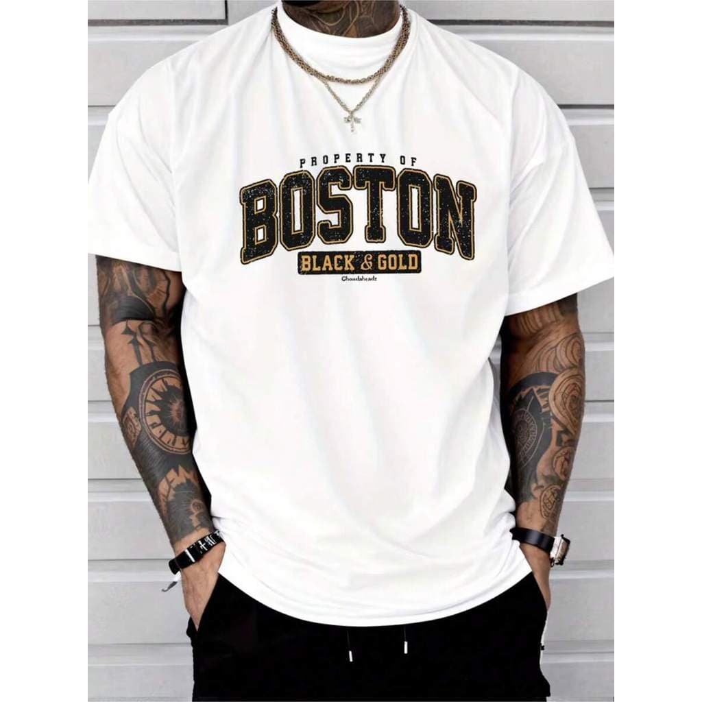 Camiseta Masculina Malha 100% algodão moda casual Boston manga curta camiseta top Confortável Streetwear