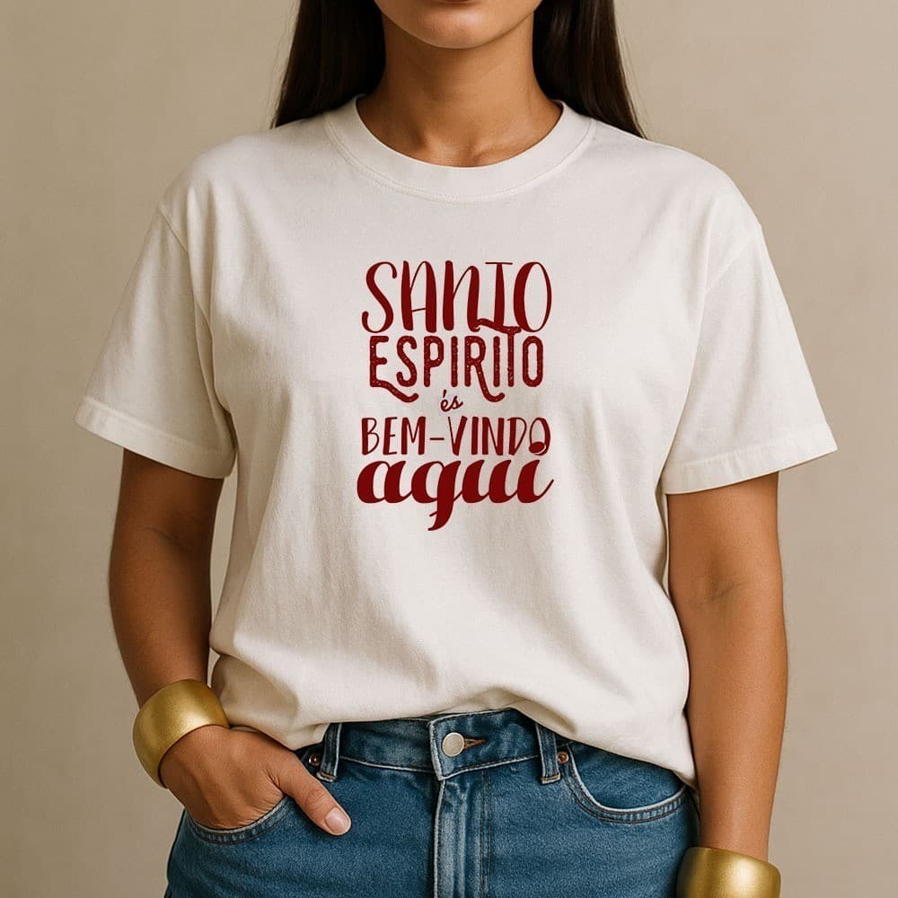 Camiseta Feminina 100% Algodão Santo Espírito É Bem Vindo Aqui Camisa Cristã Casual Estilo Dia A Dia
