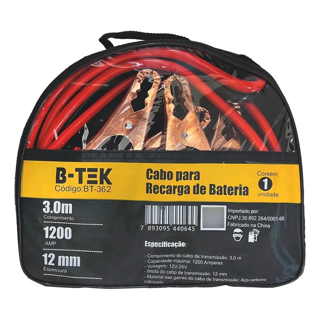 Cabo Chupeta carregador Automotivo 1200A 🔋 3 Metros Reforçado 🚗 Auxiliar de Bateria com Bolsa