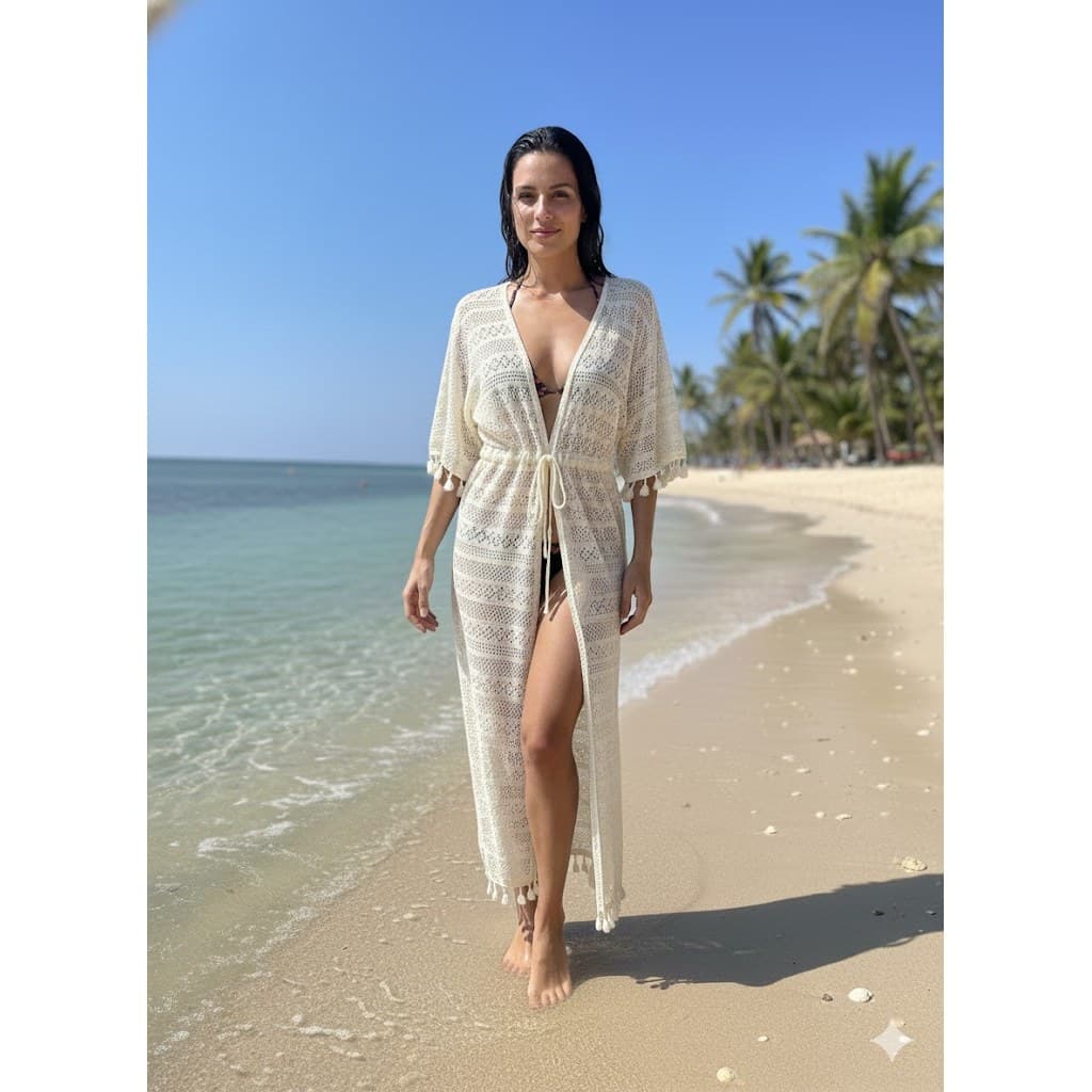 Saida Praia Feminina Elegante Tule Renda Kimono Luxo Banho Ferias 2867
