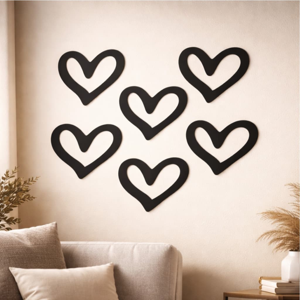 Kit 6 Corações Vazados Decorativos para Parede – MDF Preto 3mm