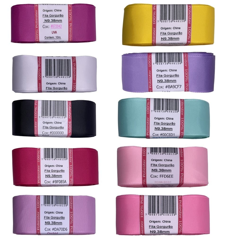Kit 20 Metros Fita Gorgurão Nº 9 38mm – 10 Cores | 2m Cada Cor para Laços e Artesanato