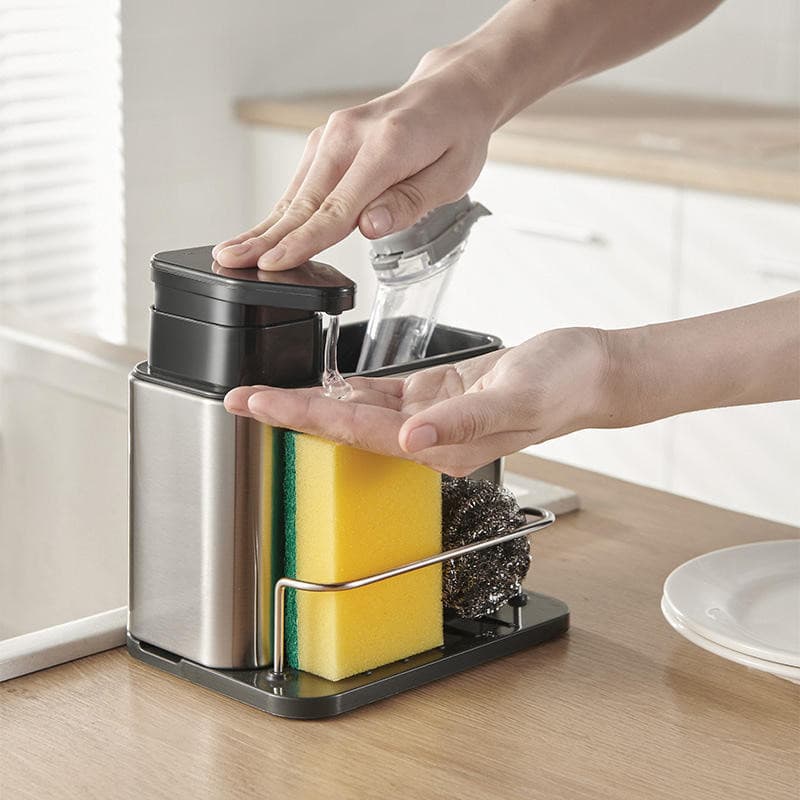 Organizador Dispenser de Detergente Luxo em Aço Inox para Cozinha Porta Esponja e Sabão com Dosador