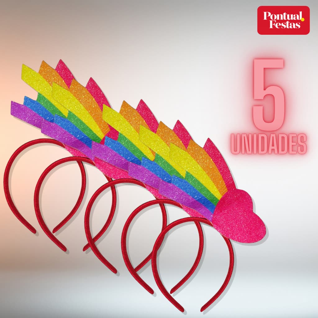 Kit 5 Tiaras de Coração Arco-Íris Colorida para Fantasia